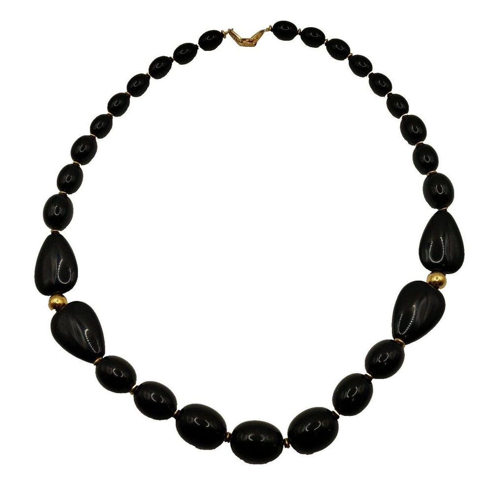 Napier Black & Gold Beaded Necklace Acrylic Graduated‎ Barrel Beads MCM 1960s - Picture 4 of 10